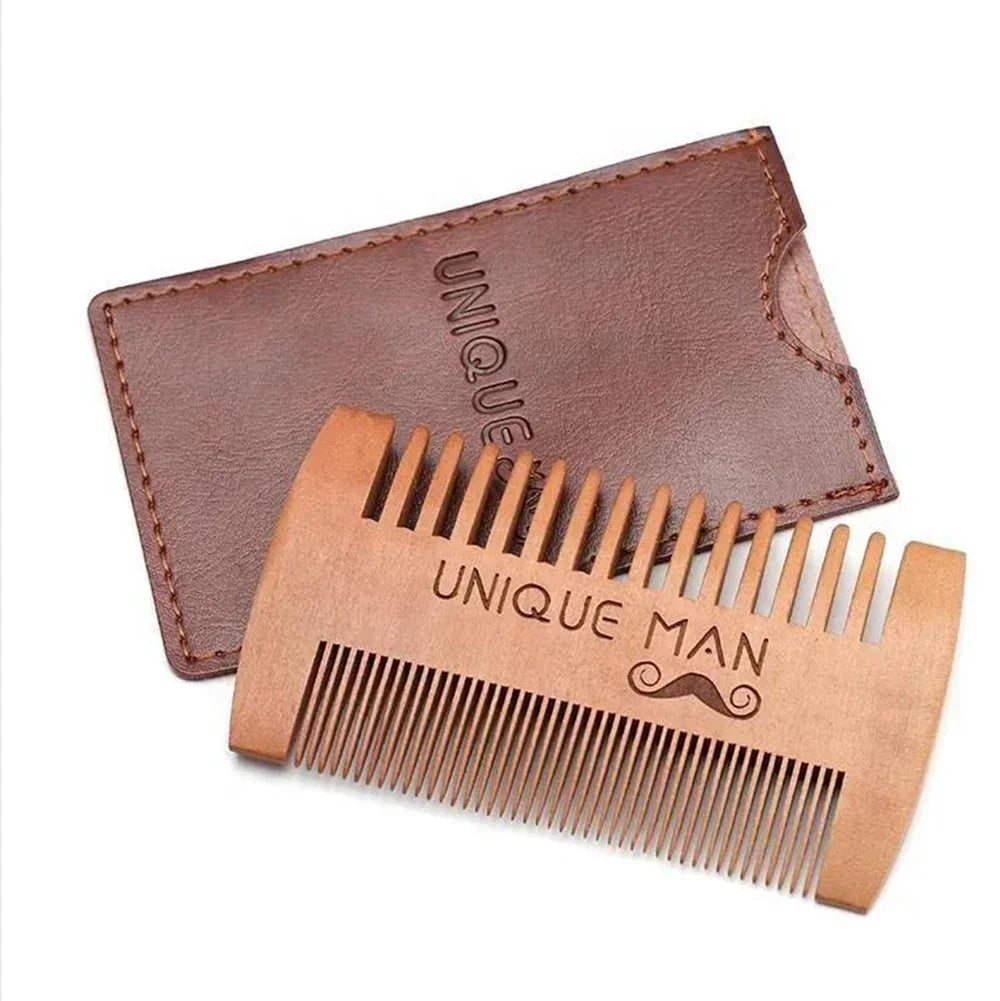 Men's Wooden Beard Comb with Leather Case