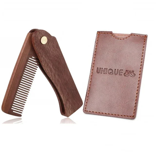 Men's Wooden Beard Comb with Leather Case