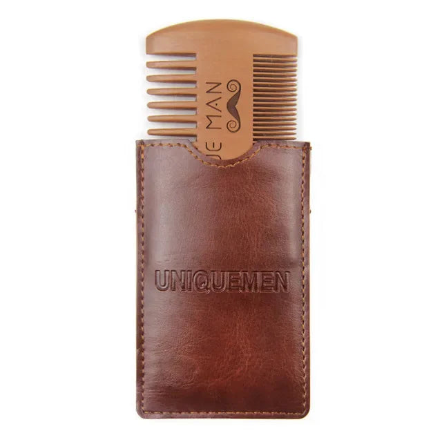 Men's Wooden Beard Comb with Leather Case